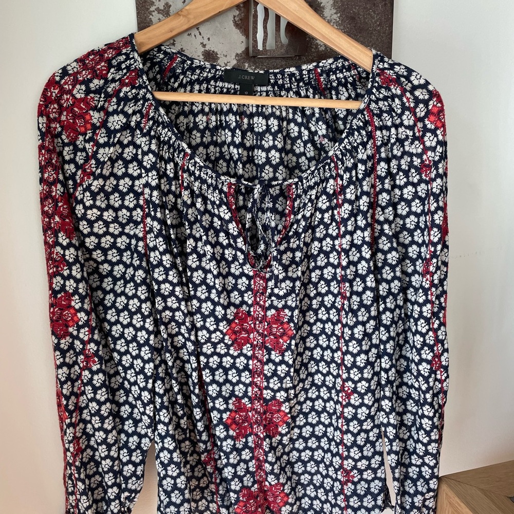 J. Crew Navy and Red Floral V-Neck Peasant Blouse, Sz 10 - Picture 2 of 4